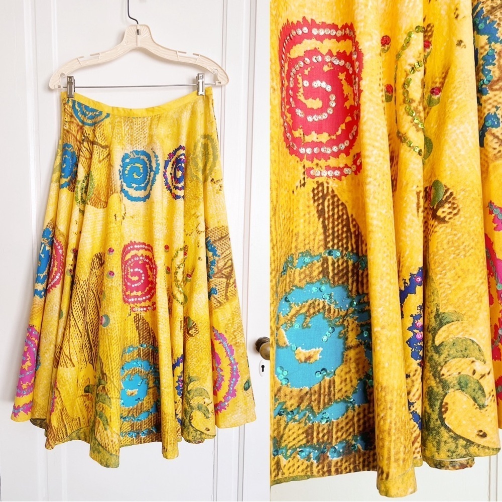 vintage • yellow circle skirt midi sequin spiral colorful print cotton ethnic